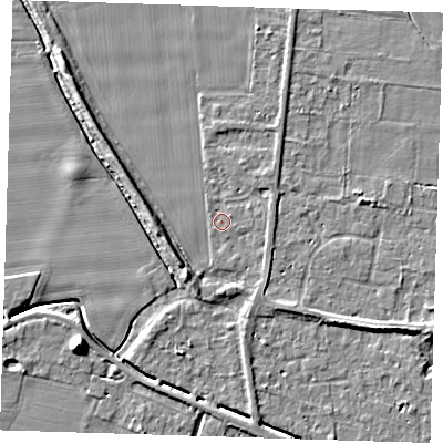 Shaded relief map of the ground around PE135FA, computed from Environment Agency LiDAR. The ground here sits at about 4 m above sea level and falls 8 m across the surrounding 800 m. Surface water reaching this point runs off ground lying to the south-south-east, 0.8 m higher.