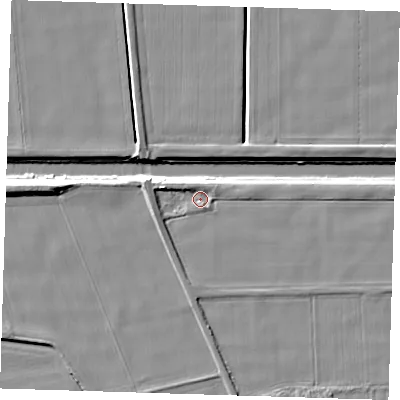 Shaded relief map of the ground around PE135FF, computed from Environment Agency LiDAR. The ground here sits at about 3 m above sea level and falls 7 m across the surrounding 800 m. Surface water reaching this point runs off ground lying to the west-north-west, 2.9 m higher.