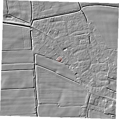 Shaded relief map of the ground around PE135FG, computed from Environment Agency LiDAR. The ground here sits at about 2 m above sea level and falls 4 m across the surrounding 800 m. Surface water reaching this point runs off ground lying to the north, 1.0 m higher.