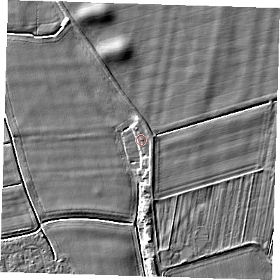 Shaded relief map of the ground around PE135FJ, computed from Environment Agency LiDAR. The ground here sits at about 4 m above sea level and falls 5 m across the surrounding 800 m. Surface water reaching this point runs off ground lying to the south-south-east, 1.0 m higher.