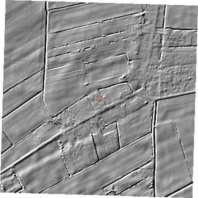 Shaded relief map of the ground around PE135FP, computed from Environment Agency LiDAR. The ground here sits at about 2 m above sea level and falls 5 m across the surrounding 800 m. Surface water reaching this point runs off ground lying to the east-north-east, 1.0 m higher.