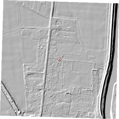 Shaded relief map of the ground around PE135FS, computed from Environment Agency LiDAR. The ground here sits at about 4 m above sea level and falls 7 m across the surrounding 800 m. Surface water reaching this point runs off ground lying to the west-north-west, 1.0 m higher.