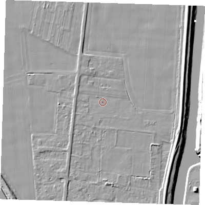 Shaded relief map of the ground around PE135FT, computed from Environment Agency LiDAR. The ground here sits at about 4 m above sea level and falls 8 m across the surrounding 800 m. Surface water reaching this point runs off ground lying to the north-north-west, 1.1 m higher.