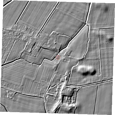 Shaded relief map of the ground around PE135HE, computed from Environment Agency LiDAR. The ground here sits at about 3 m above sea level and falls 7 m across the surrounding 800 m. Surface water reaching this point runs off ground lying to the south-south-east, 3.6 m higher.