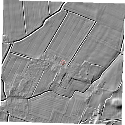 Shaded relief map of the ground around PE135HF, computed from Environment Agency LiDAR. The ground here sits at about 3 m above sea level and falls 7 m across the surrounding 800 m. Surface water reaching this point runs off ground lying to the south, 1.5 m higher.