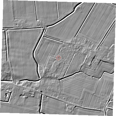 Shaded relief map of the ground around PE135HJ, computed from Environment Agency LiDAR. The ground here sits at about 3 m above sea level and falls 5 m across the surrounding 800 m. Surface water reaching this point runs off ground lying to the east, 1.8 m higher.