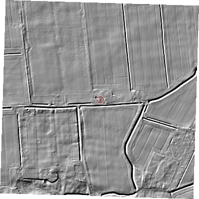 Shaded relief map of the ground around PE135HN, computed from Environment Agency LiDAR. The ground here sits at about 3 m above sea level and falls 4 m across the surrounding 800 m. Surface water reaching this point runs off ground lying to the east, 0.6 m higher.
