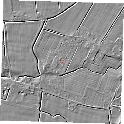 Shaded relief map of the ground around PE135HQ, computed from Environment Agency LiDAR. The ground here sits at about 3 m above sea level and falls 6 m across the surrounding 800 m. Surface water reaching this point runs off ground lying to the west-south-west, 0.6 m higher.