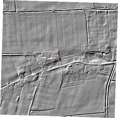 Shaded relief map of the ground around PE135HR, computed from Environment Agency LiDAR. The ground here sits at about 2 m above sea level and falls 5 m across the surrounding 800 m. Surface water reaching this point runs off ground lying to the east-north-east, 2.7 m higher.