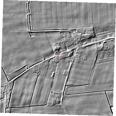 Shaded relief map of the ground around PE135HT, computed from Environment Agency LiDAR. The ground here sits at about 2 m above sea level and falls 6 m across the surrounding 800 m. Surface water reaching this point runs off ground lying to the north, 1.6 m higher.