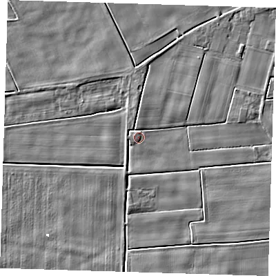 Shaded relief map of the ground around PE135HY, computed from Environment Agency LiDAR. The ground here sits at about 1 m above sea level and falls 5 m across the surrounding 800 m. Surface water reaching this point runs off ground lying to the north-east, 3.0 m higher.