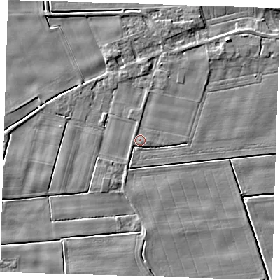 Shaded relief map of the ground around PE135HZ, computed from Environment Agency LiDAR. The ground here sits at about 2 m above sea level and falls 5 m across the surrounding 800 m. Surface water reaching this point runs off ground lying to the north-east, 3.1 m higher.