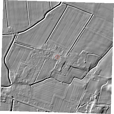 Shaded relief map of the ground around PE135JB, computed from Environment Agency LiDAR. The ground here sits at about 4 m above sea level and falls 6 m across the surrounding 800 m. Surface water reaching this point runs off ground lying to the south-east, 0.7 m higher.