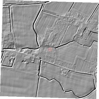Shaded relief map of the ground around PE135JD, computed from Environment Agency LiDAR. The ground here sits at about 2 m above sea level and falls 5 m across the surrounding 800 m. Surface water reaching this point runs off ground lying to the east-south-east, 3.7 m higher.