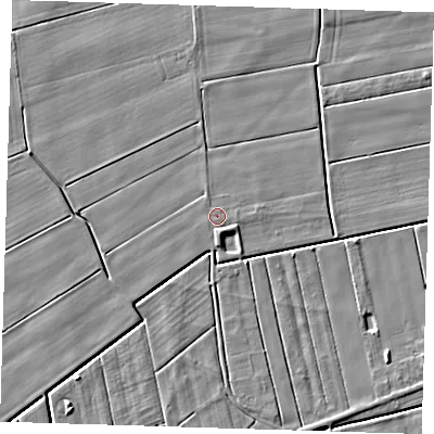 Shaded relief map of the ground around PE135JE, computed from Environment Agency LiDAR. The ground here sits at about 2 m above sea level and falls 4 m across the surrounding 800 m. Surface water reaching this point runs off ground lying to the south-south-east, 1.2 m higher.