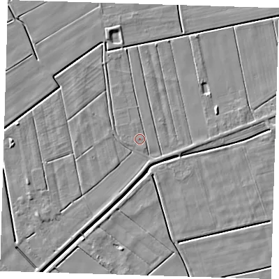 Shaded relief map of the ground around PE135JF, computed from Environment Agency LiDAR. The ground here sits at about 2 m above sea level and falls 5 m across the surrounding 800 m. Surface water reaching this point runs off ground lying to the south-south-east, 1.2 m higher.
