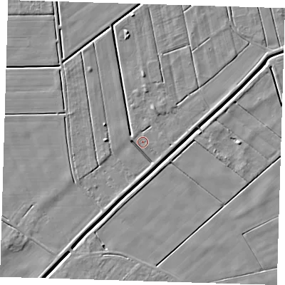 Shaded relief map of the ground around PE135JG, computed from Environment Agency LiDAR. The ground here sits at about 2 m above sea level and falls 5 m across the surrounding 800 m. Surface water reaching this point runs off ground lying to the south-south-west, 2.8 m higher.