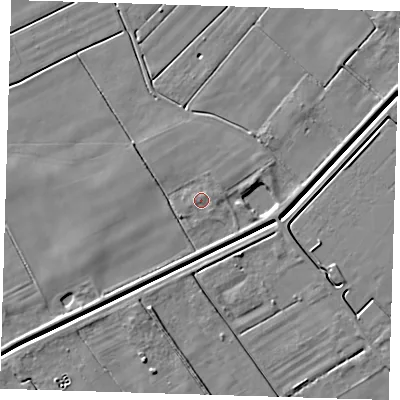 Shaded relief map of the ground around PE135JJ, computed from Environment Agency LiDAR. The ground here sits at about 2 m above sea level and falls 5 m across the surrounding 800 m. Surface water reaching this point runs off ground lying to the east-north-east, 3.4 m higher.