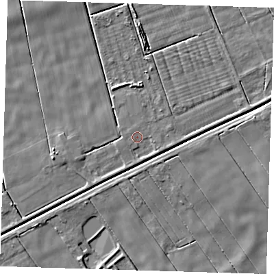 Shaded relief map of the ground around PE135JL, computed from Environment Agency LiDAR. The ground here sits at about 1 m above sea level and falls 5 m across the surrounding 800 m. Surface water reaching this point runs off ground lying to the south-south-west, 0.9 m higher.