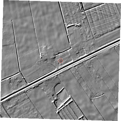 Shaded relief map of the ground around PE135JN, computed from Environment Agency LiDAR. The ground here sits at about 1 m above sea level and falls 5 m across the surrounding 800 m. Surface water reaching this point runs off ground lying to the east-north-east, 1.6 m higher.