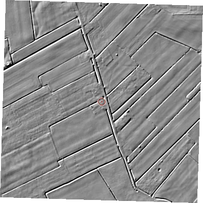 Shaded relief map of the ground around PE135JP, computed from Environment Agency LiDAR. The ground here sits at about 2 m above sea level and falls 3 m across the surrounding 800 m. Surface water reaching this point runs off ground lying to the east-south-east, 2.3 m higher.