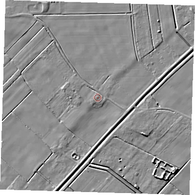 Shaded relief map of the ground around PE135JQ, computed from Environment Agency LiDAR. The ground here sits at about 3 m above sea level and falls 6 m across the surrounding 800 m. Surface water reaching this point runs off ground lying to the west-south-west, 1.8 m higher.
