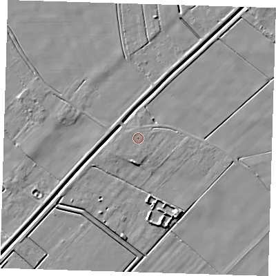 Shaded relief map of the ground around PE135JR, computed from Environment Agency LiDAR. The ground here sits at about 2 m above sea level and falls 6 m across the surrounding 800 m. Surface water reaching this point runs off ground lying to the west-south-west, 0.5 m higher.