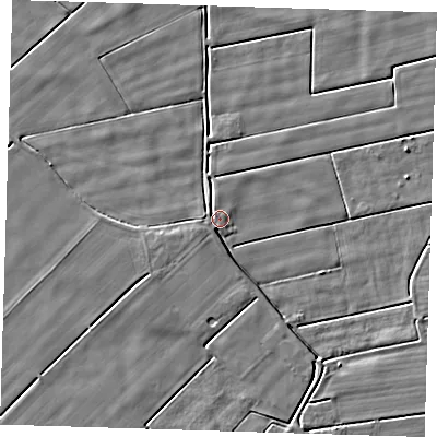 Shaded relief map of the ground around PE135JT, computed from Environment Agency LiDAR. The ground here sits at about 2 m above sea level and falls 4 m across the surrounding 800 m. Surface water reaching this point runs off ground lying to the west-south-west, 2.5 m higher.