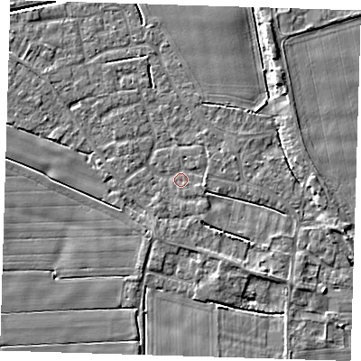 Shaded relief map of the ground around PE135JY, computed from Environment Agency LiDAR. The ground here sits at about 3 m above sea level and falls 5 m across the surrounding 800 m. Surface water reaching this point runs off ground lying to the east-south-east, 3.5 m higher.