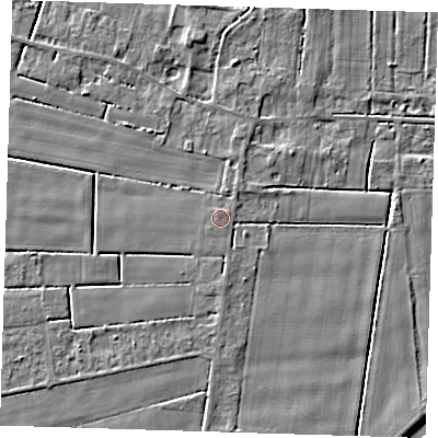 Shaded relief map of the ground around PE135LA, computed from Environment Agency LiDAR. The ground here sits at about 3 m above sea level and falls 6 m across the surrounding 800 m. The ground contributing surface water to this point lies to the north.