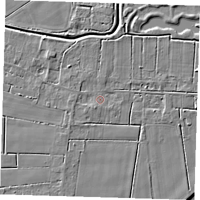 Shaded relief map of the ground around PE135LB, computed from Environment Agency LiDAR. The ground here sits at about 2 m above sea level and falls 7 m across the surrounding 800 m. Surface water reaching this point runs off ground lying to the north-west, 1.3 m higher.