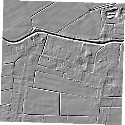 Shaded relief map of the ground around PE135LF, computed from Environment Agency LiDAR. The ground here sits at about 2 m above sea level and falls 5 m across the surrounding 800 m. Surface water reaching this point runs off ground lying to the east, 3.5 m higher.