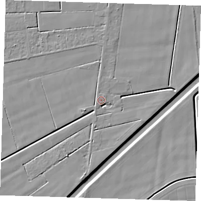 Shaded relief map of the ground around PE135LG, computed from Environment Agency LiDAR. The ground here sits at about 2 m above sea level and falls 5 m across the surrounding 800 m. Surface water reaching this point runs off ground lying to the north, 1.8 m higher.