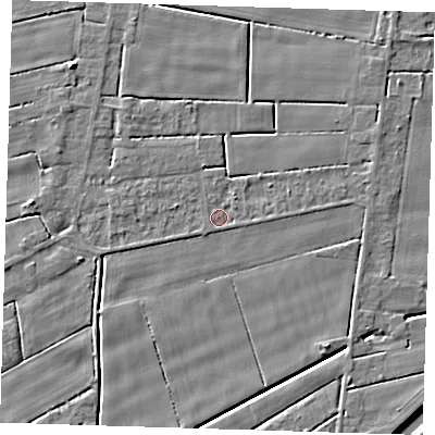 Shaded relief map of the ground around PE135LH, computed from Environment Agency LiDAR. The ground here sits at about 2 m above sea level and falls 6 m across the surrounding 800 m. Surface water reaching this point runs off ground lying to the west-south-west, 0.9 m higher.