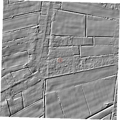 Shaded relief map of the ground around PE135LJ, computed from Environment Agency LiDAR. The ground here sits at about 2 m above sea level and falls 5 m across the surrounding 800 m. Surface water reaching this point runs off ground lying to the south-west, 1.6 m higher.