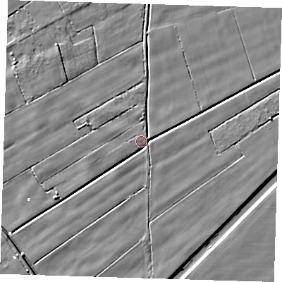Shaded relief map of the ground around PE135LL, computed from Environment Agency LiDAR. The ground here sits at about 2 m above sea level and falls 6 m across the surrounding 800 m. Surface water reaching this point runs off ground lying to the east-north-east, 2.3 m higher.