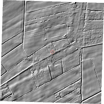 Shaded relief map of the ground around PE135LN, computed from Environment Agency LiDAR. The ground here sits at about 2 m above sea level and falls 5 m across the surrounding 800 m. Surface water reaching this point runs off ground lying to the south-west, 0.9 m higher.