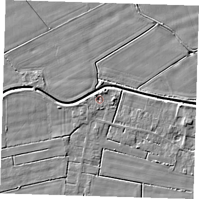 Shaded relief map of the ground around PE135LQ, computed from Environment Agency LiDAR. The ground here sits at about 2 m above sea level and falls 5 m across the surrounding 800 m. Surface water reaching this point runs off ground lying to the north-west, 2.3 m higher.