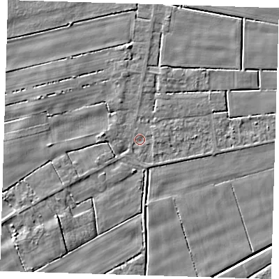 Shaded relief map of the ground around PE135LR, computed from Environment Agency LiDAR. The ground here sits at about 2 m above sea level and falls 5 m across the surrounding 800 m. Surface water reaching this point runs off ground lying to the north-north-east, 1.4 m higher.