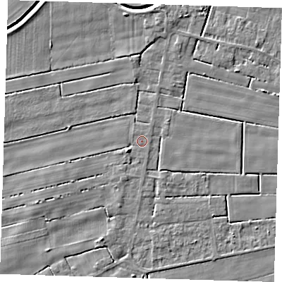 Shaded relief map of the ground around PE135LS, computed from Environment Agency LiDAR. The ground here sits at about 2 m above sea level and falls 5 m across the surrounding 800 m. The ground contributing surface water to this point lies to the south-south-east.