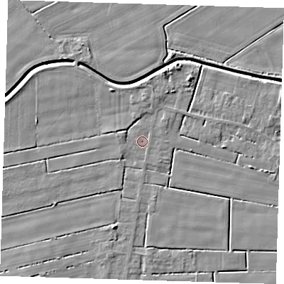 Shaded relief map of the ground around PE135LT, computed from Environment Agency LiDAR. The ground here sits at about 2 m above sea level and falls 5 m across the surrounding 800 m. Surface water reaching this point runs off ground lying to the west, 1.1 m higher.