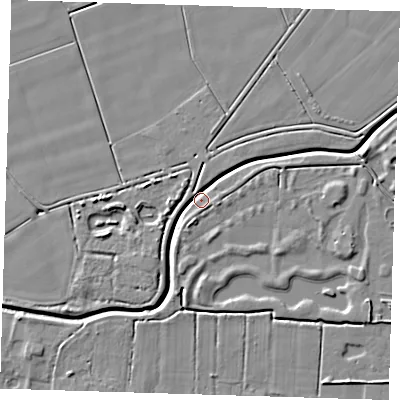 Shaded relief map of the ground around PE135LU, computed from Environment Agency LiDAR. The ground here sits at about 2 m above sea level and falls 6 m across the surrounding 800 m. Surface water reaching this point runs off ground lying to the south-south-west, 4.4 m higher.