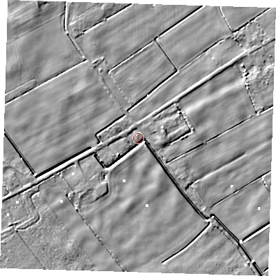 Shaded relief map of the ground around PE135LW, computed from Environment Agency LiDAR. The ground here sits at about 1 m above sea level and falls 5 m across the surrounding 800 m. Surface water reaching this point runs off ground lying to the east, 4.3 m higher.
