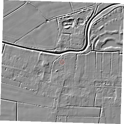 Shaded relief map of the ground around PE135LZ, computed from Environment Agency LiDAR. The ground here sits at about 3 m above sea level and falls 6 m across the surrounding 800 m. Surface water reaching this point runs off ground lying to the south-south-west, 2.3 m higher.