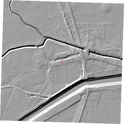 Shaded relief map of the ground around PE135NA, computed from Environment Agency LiDAR. The ground here sits at about 4 m above sea level and falls 8 m across the surrounding 800 m. Surface water reaching this point runs off ground lying to the east-north-east, 4.4 m higher.