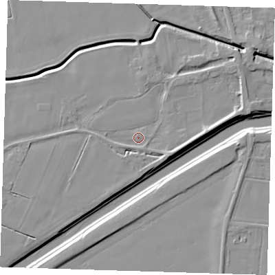 Shaded relief map of the ground around PE135NB, computed from Environment Agency LiDAR. The ground here sits at about 3 m above sea level and falls 8 m across the surrounding 800 m. Surface water reaching this point runs off ground lying to the north-east, 4.5 m higher.