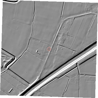 Shaded relief map of the ground around PE135ND, computed from Environment Agency LiDAR. The ground here sits at about 2 m above sea level and falls 7 m across the surrounding 800 m. Surface water reaching this point runs off ground lying to the south-south-west, 1.2 m higher.