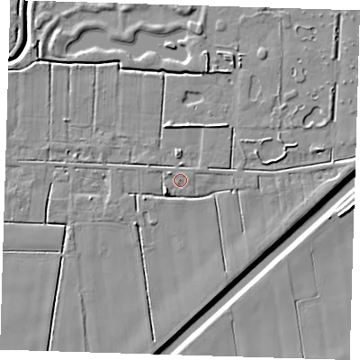 Shaded relief map of the ground around PE135NE, computed from Environment Agency LiDAR. The ground here sits at about 2 m above sea level and falls 7 m across the surrounding 800 m. Surface water reaching this point runs off ground lying to the south-west, 3.9 m higher.