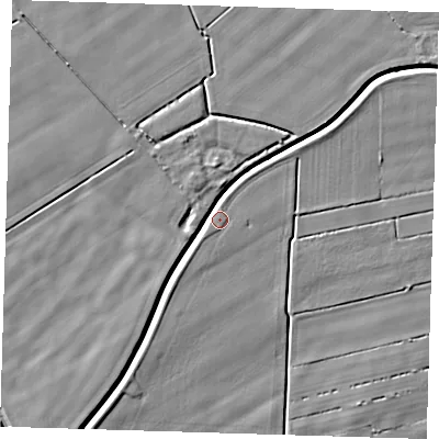 Shaded relief map of the ground around PE135NG, computed from Environment Agency LiDAR. The ground here sits at about 3 m above sea level and falls 4 m across the surrounding 800 m. Surface water reaching this point runs off ground lying to the north-east, 4.1 m higher.