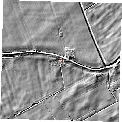 Shaded relief map of the ground around PE135NH, computed from Environment Agency LiDAR. The ground here sits at about 2 m above sea level and falls 5 m across the surrounding 800 m. Surface water reaching this point runs off ground lying to the north-north-west, 1.2 m higher.